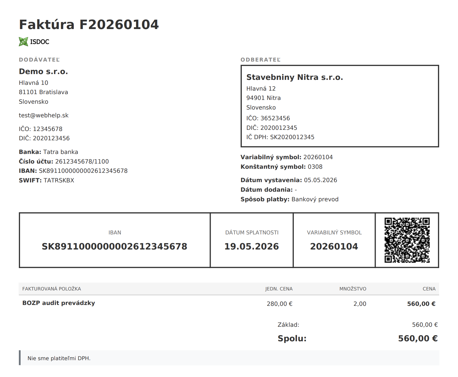 Platobný pásik na PDF faktúre: IBAN, dátum splatnosti, variabilný symbol a QR kód. Klient ho naskenuje v bankovej aplikácii a príkaz má predvyplnený.