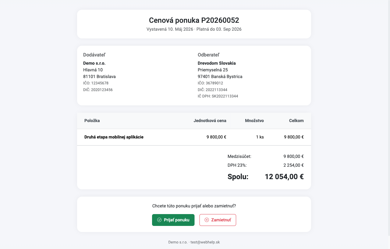 Cenová ponuka na vlastnom odkaze. Klient ju otvorí v prehliadači a rozhodne sa priamo, bez prihlasovania a bez sťahovania prílohy.